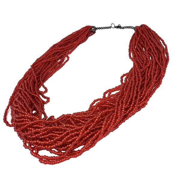 Red Seed Bead Layered Statement Necklace 21", Bold & Heavy Design - Picture 4 of 13